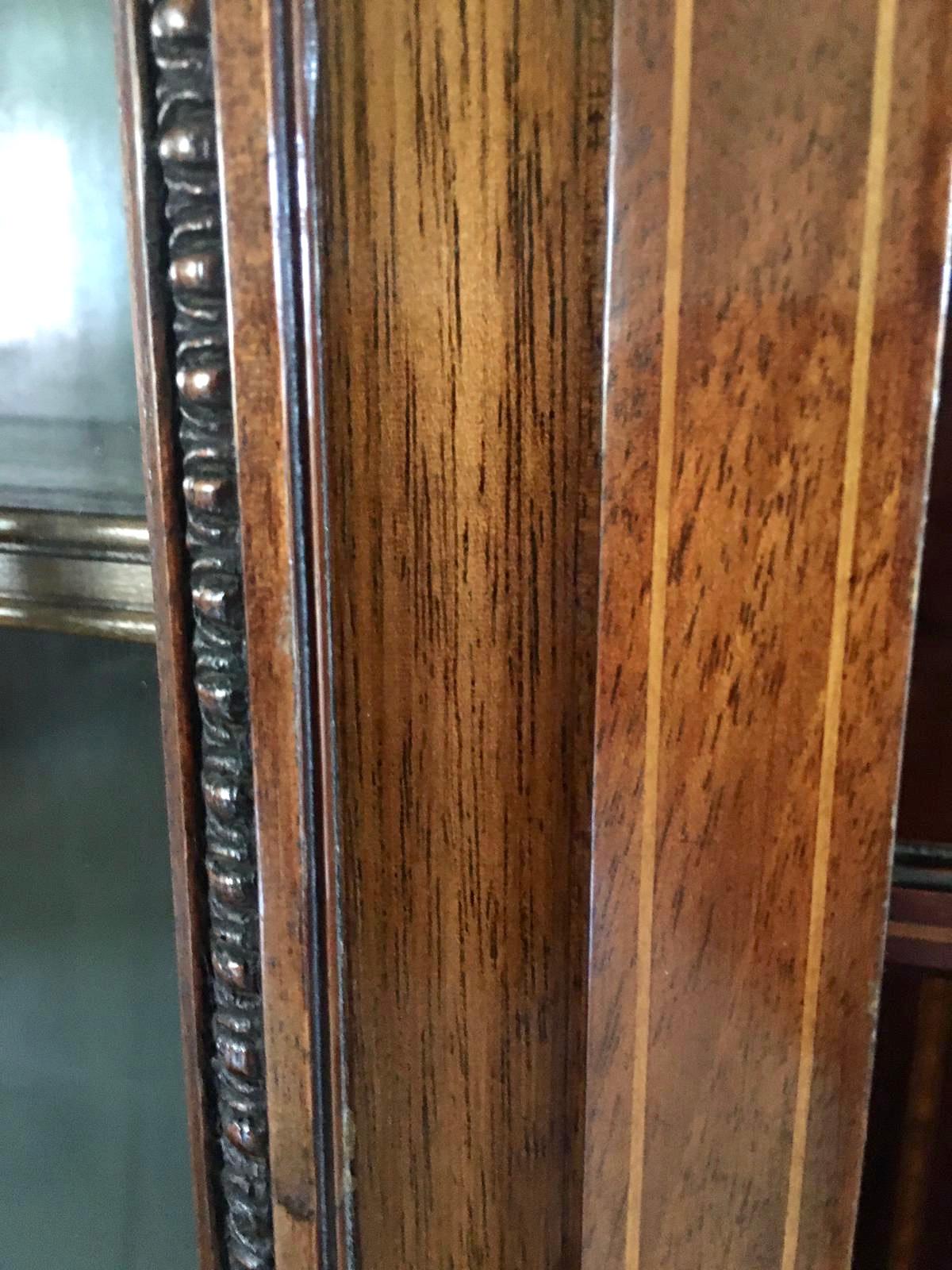 English Quality Unusual Antique Edwardian Mahogany and Satinwood Inlaid Display Cabinet For Sale