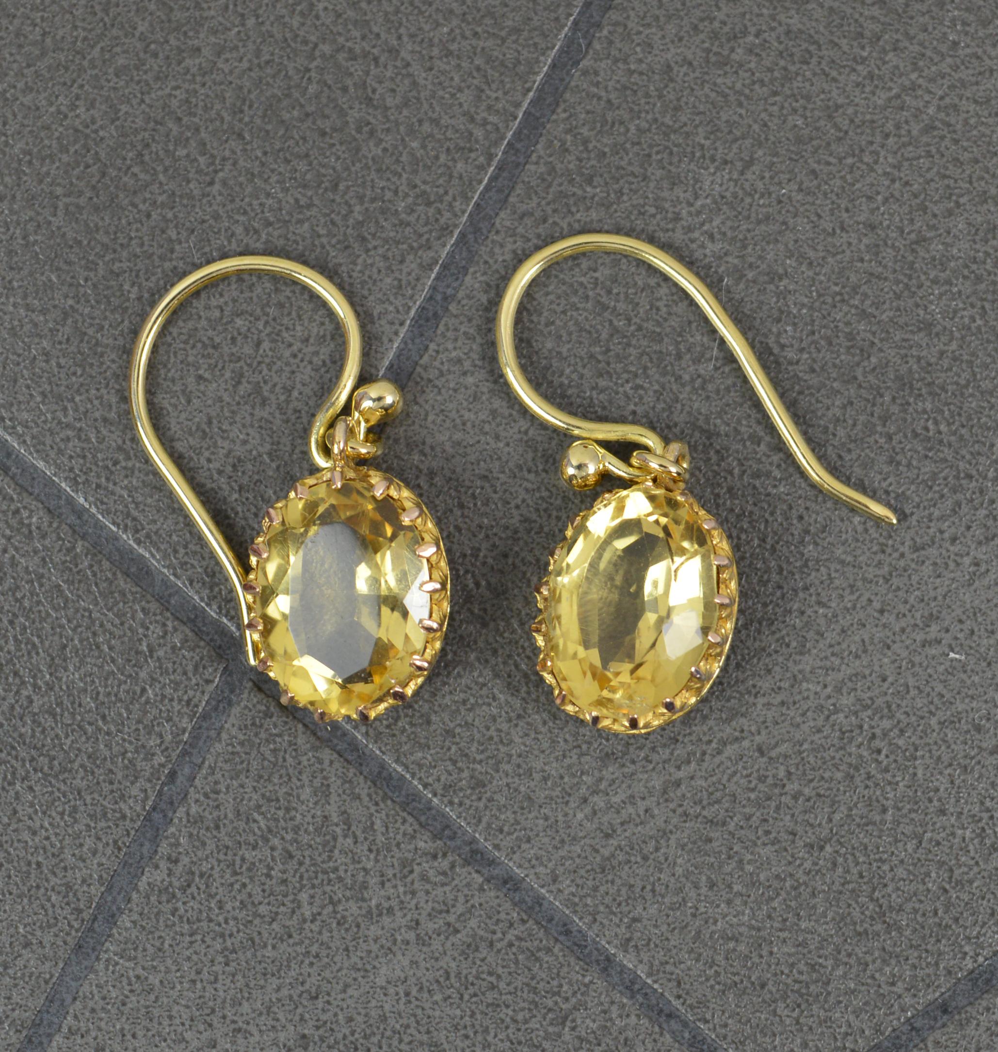 Oval Cut Quality Victorian 18 Carat Gold and Citrine Solitaire Drop Dangle Earrings