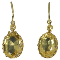 Quality Victorian 18 Carat Gold and Citrine Solitaire Drop Dangle Earrings