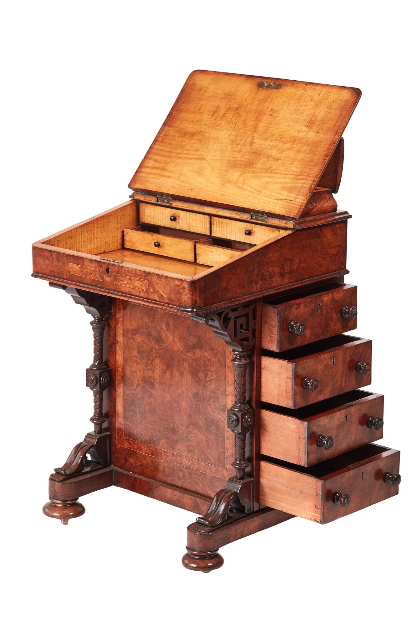 Quality Victorian burr walnut freestanding inlaid davenport, lift up lid with a fitted interior, carved shaped and turned supports to the front, the right side has four drawers with original knobs, the left side has four false drawers with original