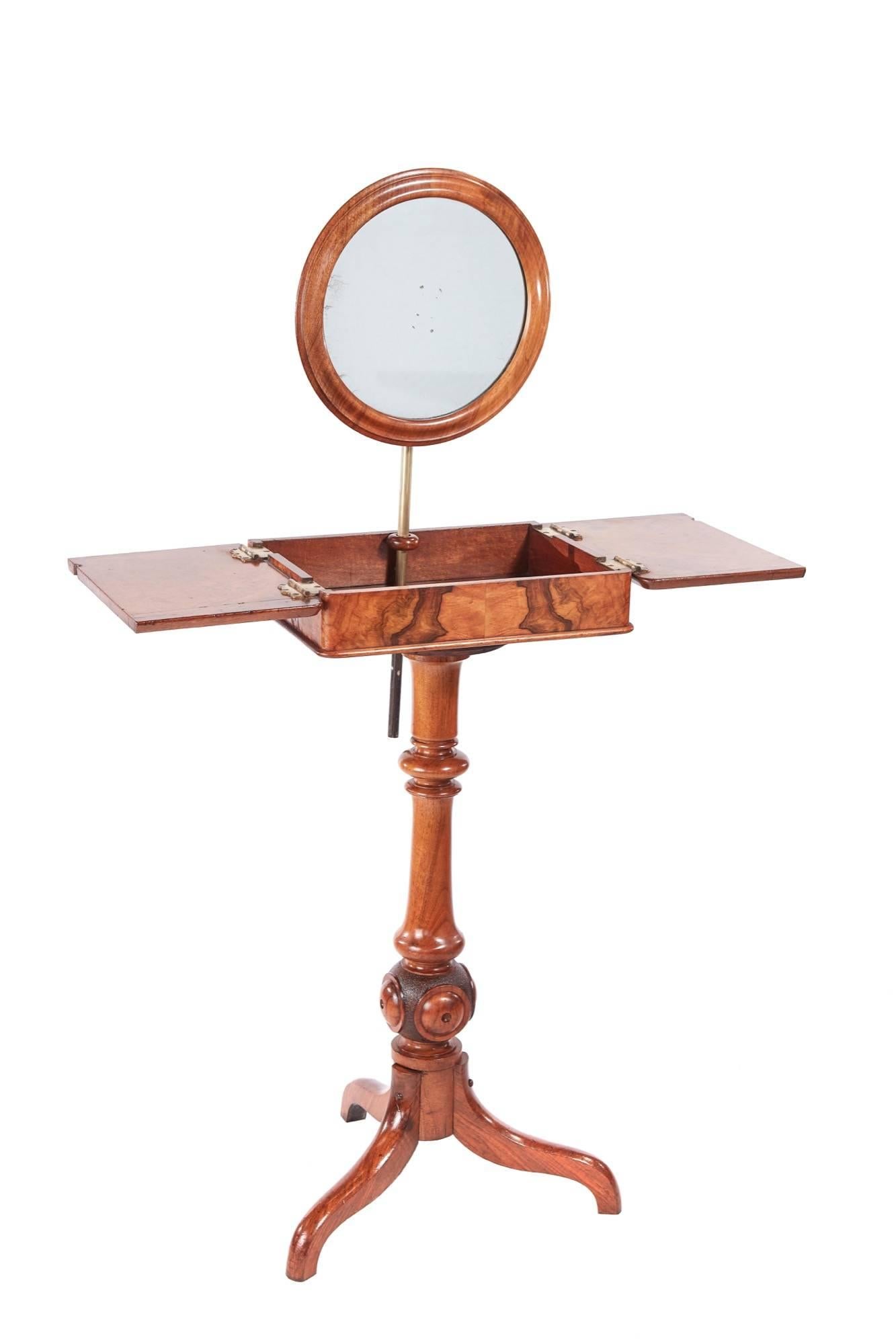 Quality Victorian burr walnut shaving stand, with adjustable circular mirror, fantastic burr walnut rectangular divided hinged top enclosing a compartment, supported on a solid turned carved walnut bulbous pillar on three unusual shaped solid walnut