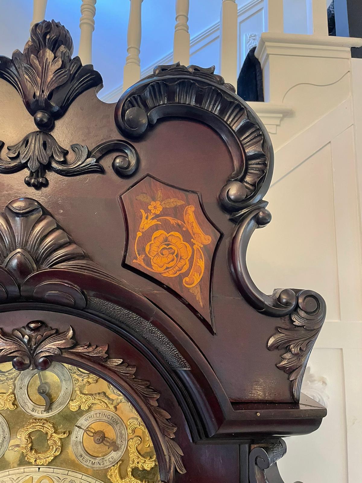 Quality Victorian Carved Mahogany and Marquetry Tubular Chiming Longcase Clock 4