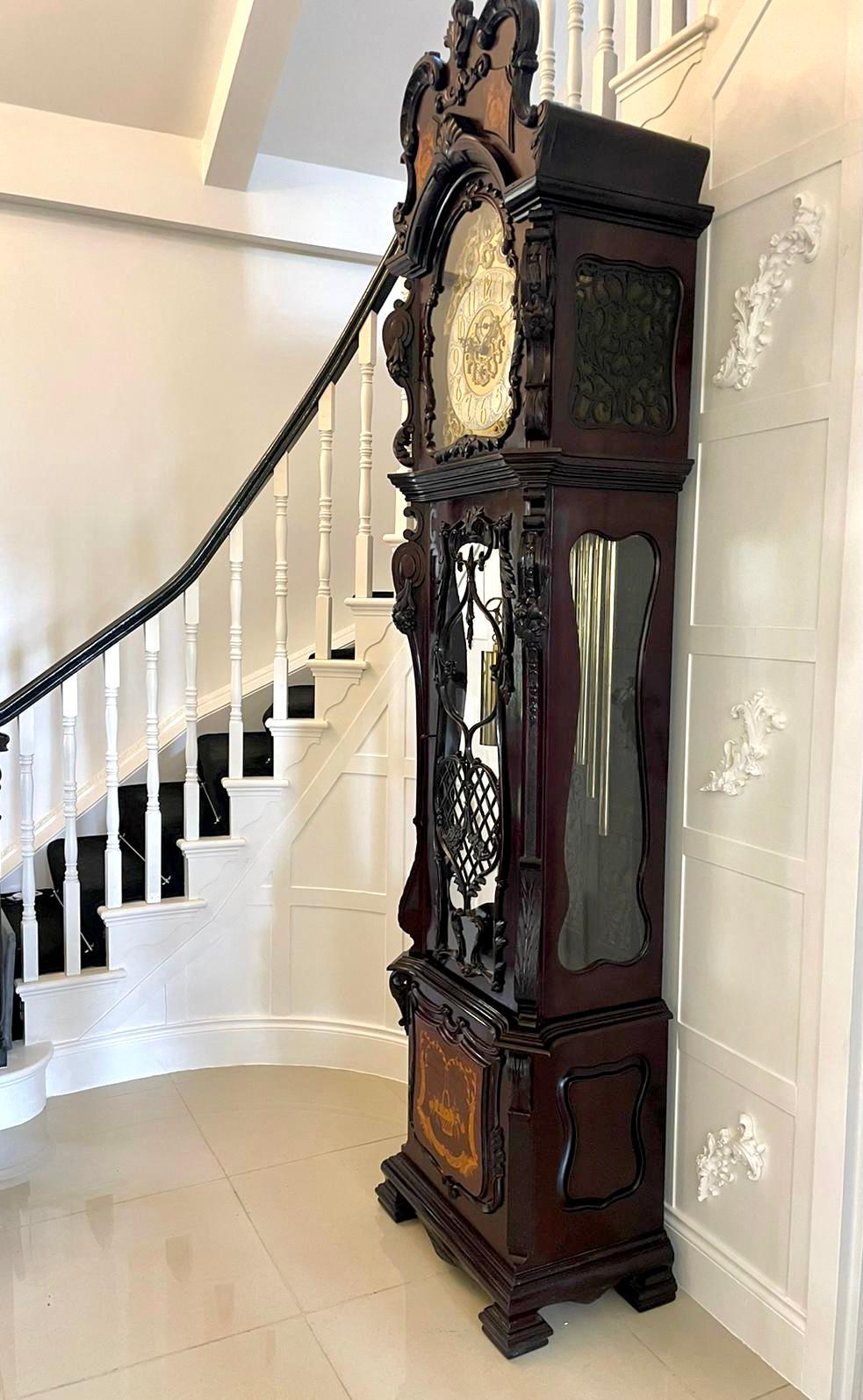 European Quality Victorian Carved Mahogany and Marquetry Tubular Chiming Longcase Clock