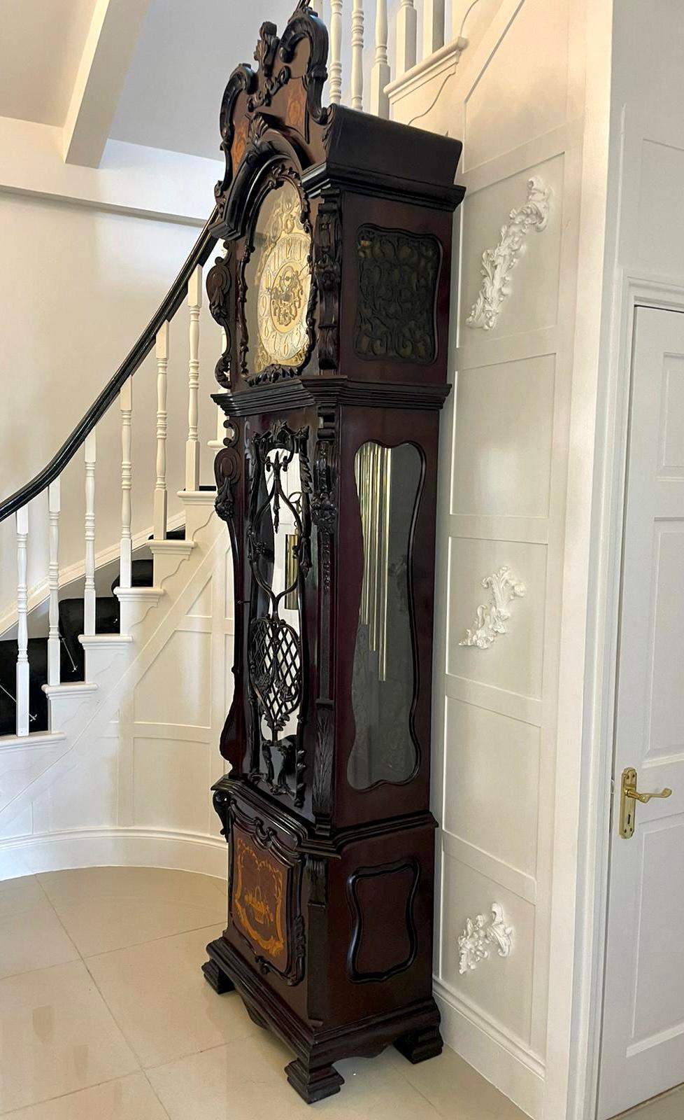 Quality Victorian Carved Mahogany and Marquetry Tubular Chiming Longcase Clock In Good Condition In Suffolk, GB