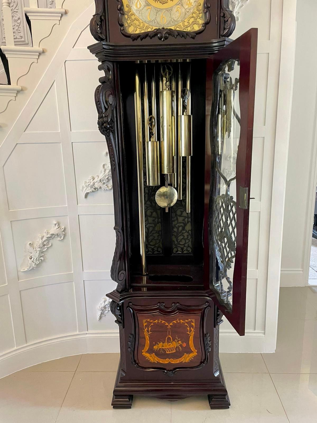 Late 19th Century Quality Victorian Carved Mahogany and Marquetry Tubular Chiming Longcase Clock