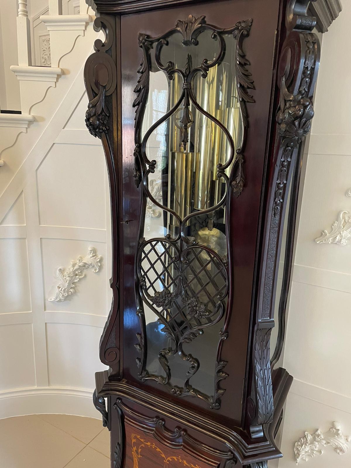 Quality Victorian Carved Mahogany and Marquetry Tubular Chiming Longcase Clock 1