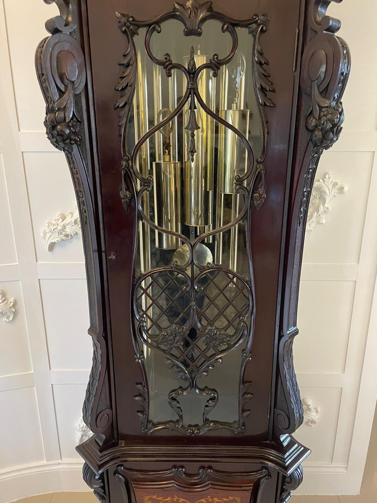 Quality Victorian Carved Mahogany and Marquetry Tubular Chiming Longcase Clock 1