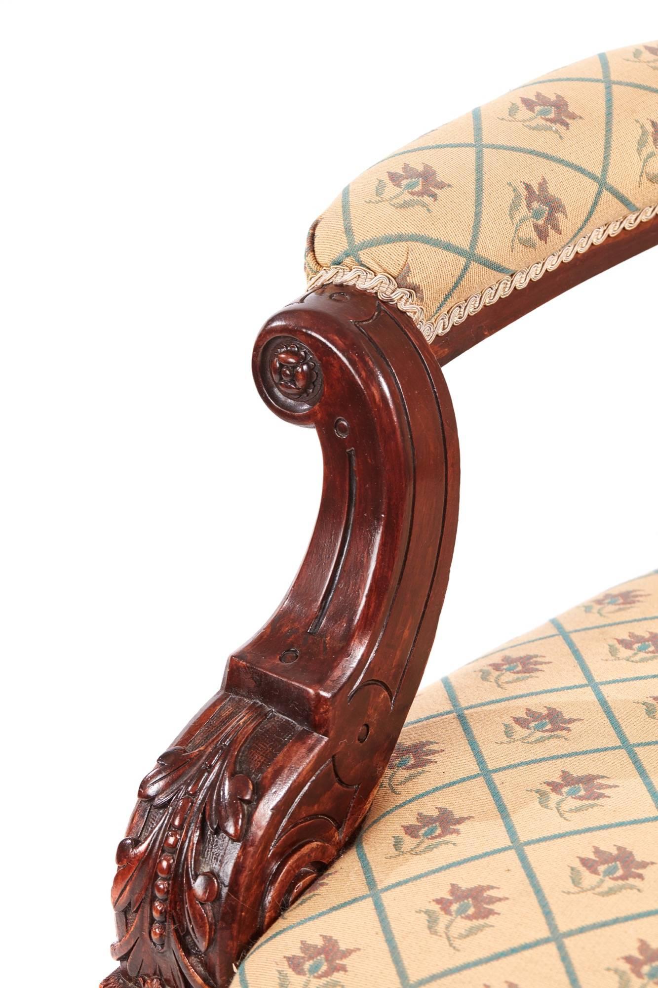 European Quality Victorian Carved Walnut Turned Leg Armchair For Sale