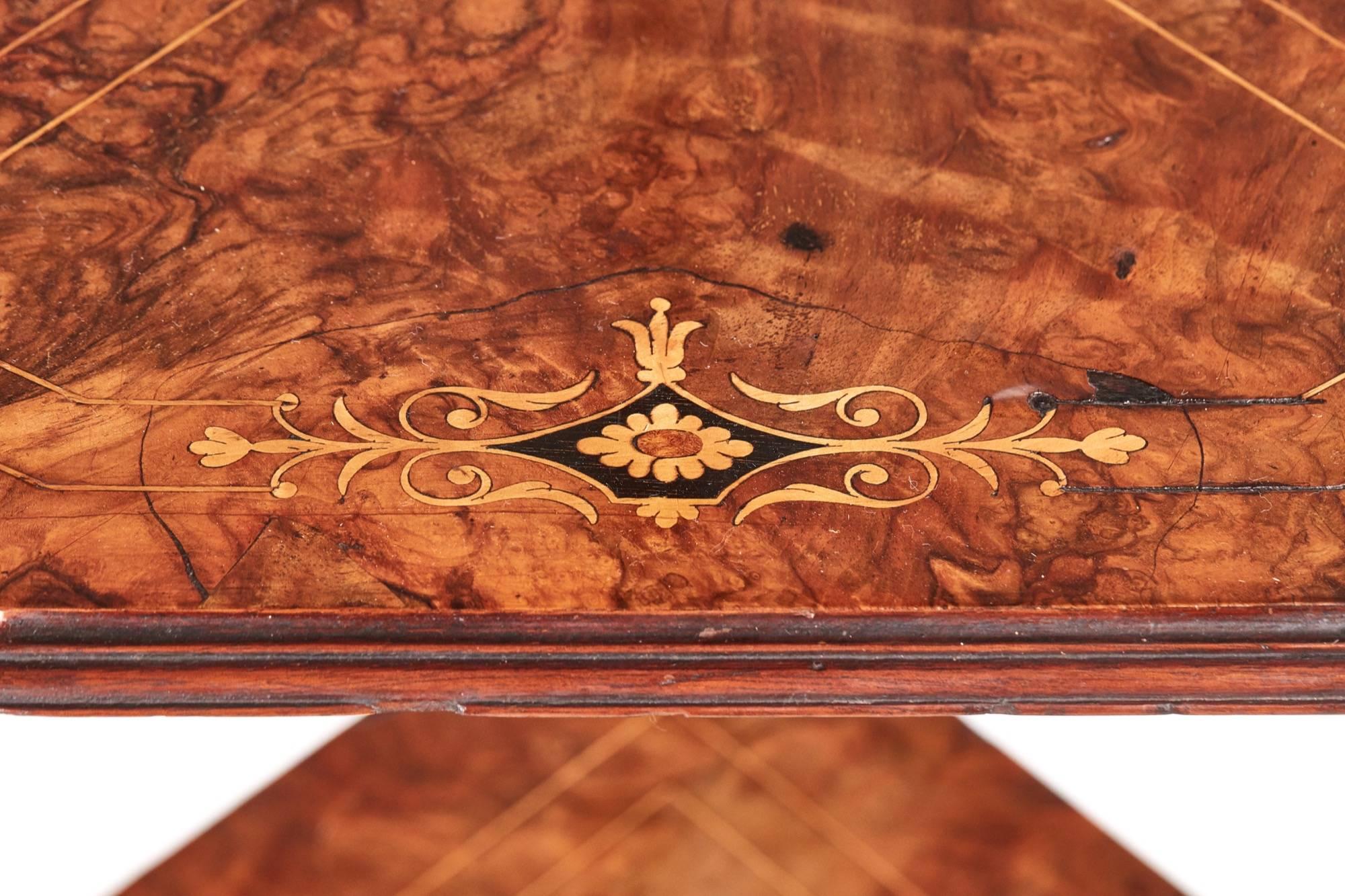 Quality Victorian inlaid burr walnut four-tier corner whatnot, having a shaped inlaid gallery back and three finials lovely burr walnut inlaid top, three inlaid burr walnut under-tiers supported by shaped solid walnut turned columns and finials,