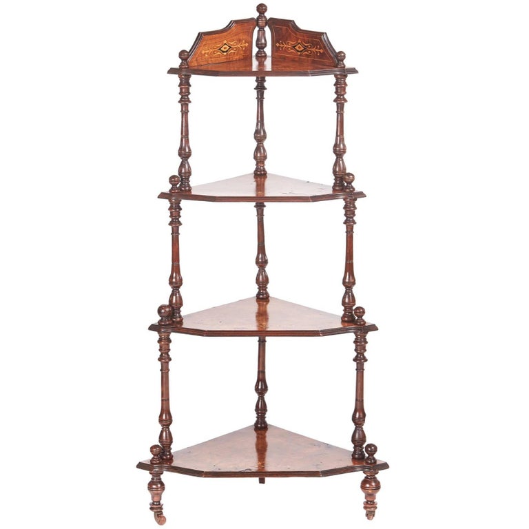 Quality Victorian Inlaid Burr Walnut FourTier Corner Whatnot For Sale