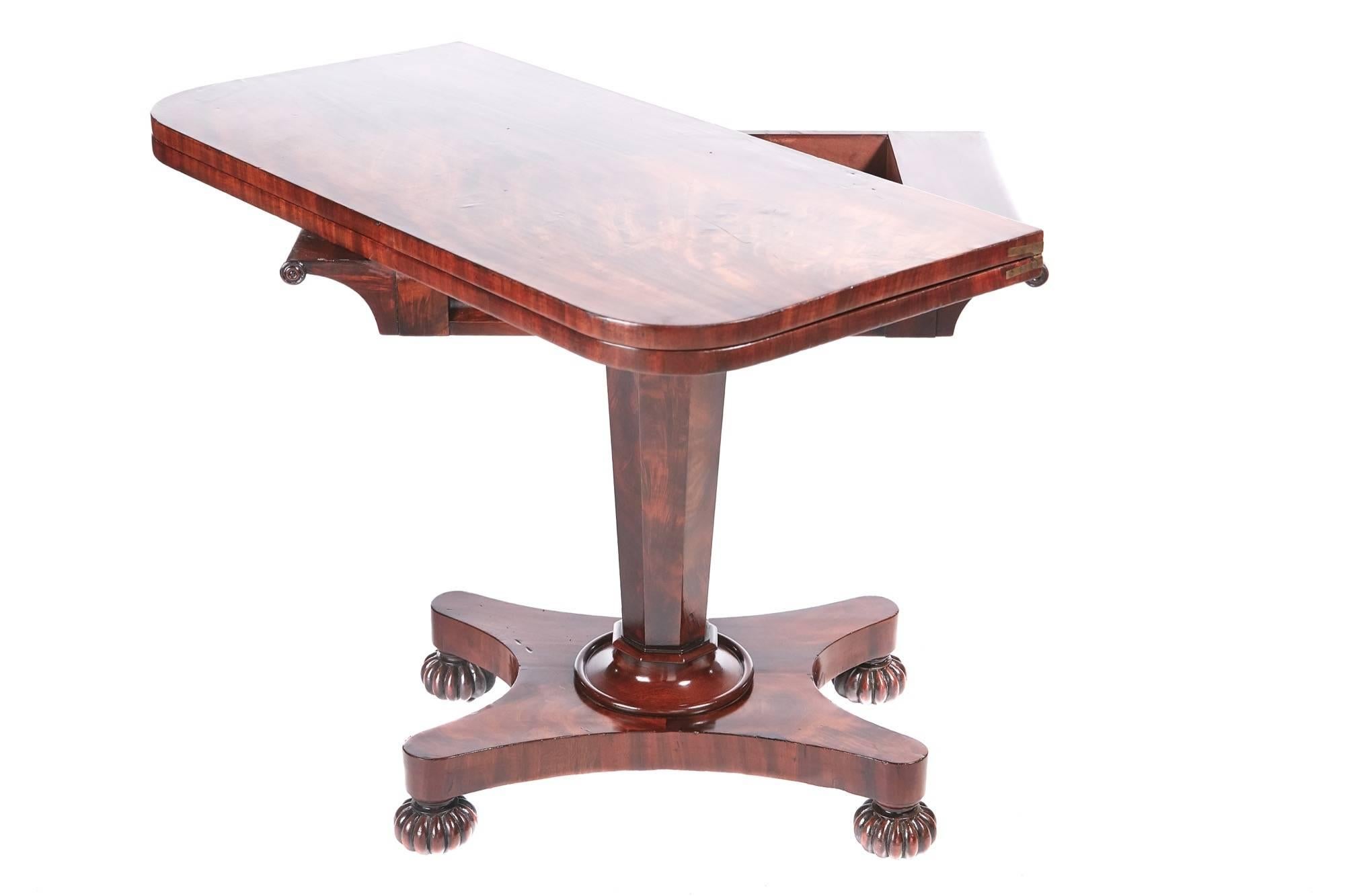 Quality victorian mahogany card table, with a lovely mahogany top that lifts up and swivels to reveal a green baize interior,lovely shaped frieze supported by a shaped turned pedestal with a collar finishing on a quatrefoil base with reeded ball