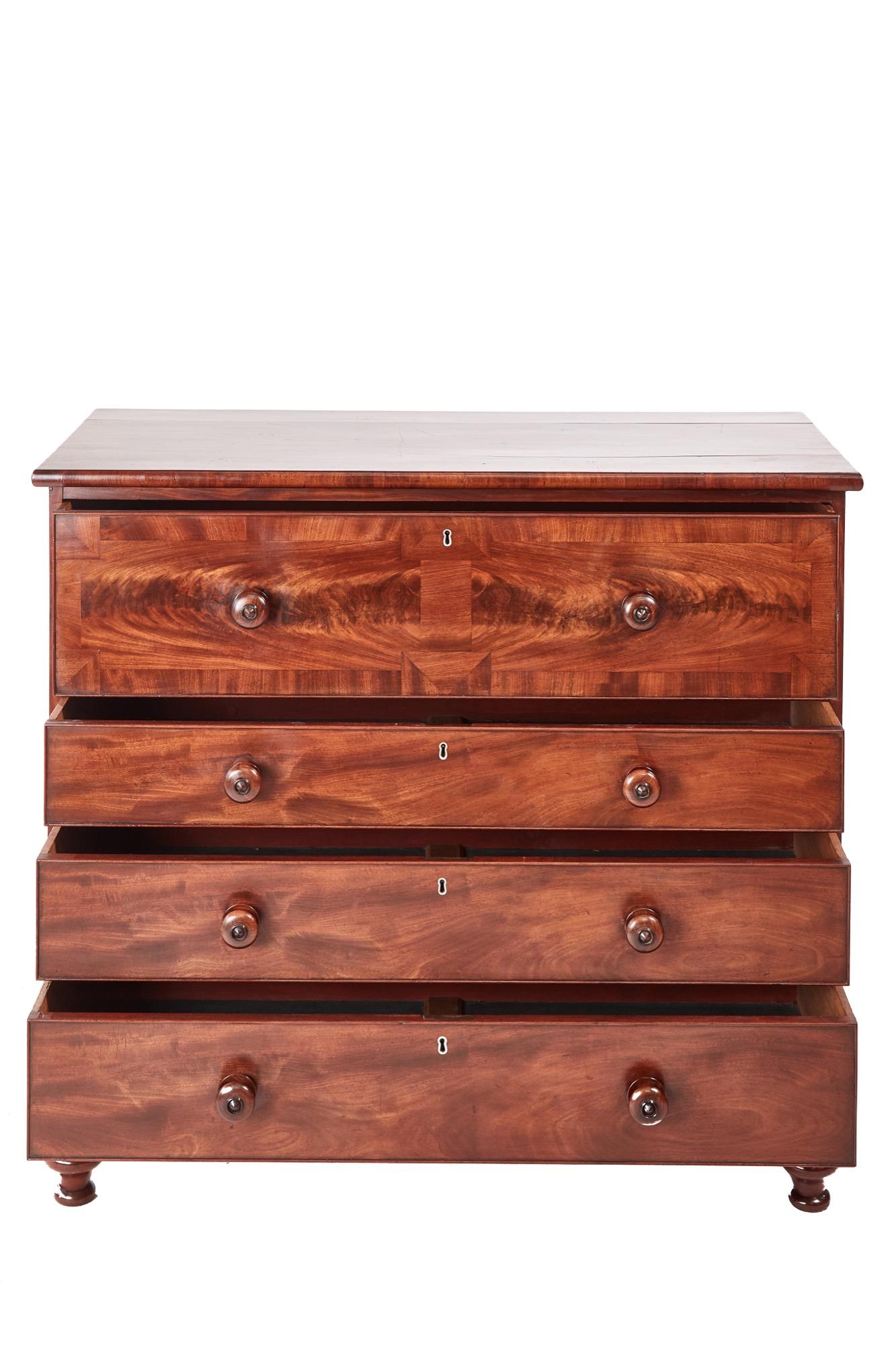 Quality Victorian mahogany chest of drawers, with a lovely quality mahogany top having four long drawers in figured mahogany crossbanded in mahogany, original turned mahogany knobs, standing on original turned feet
Lovely color and