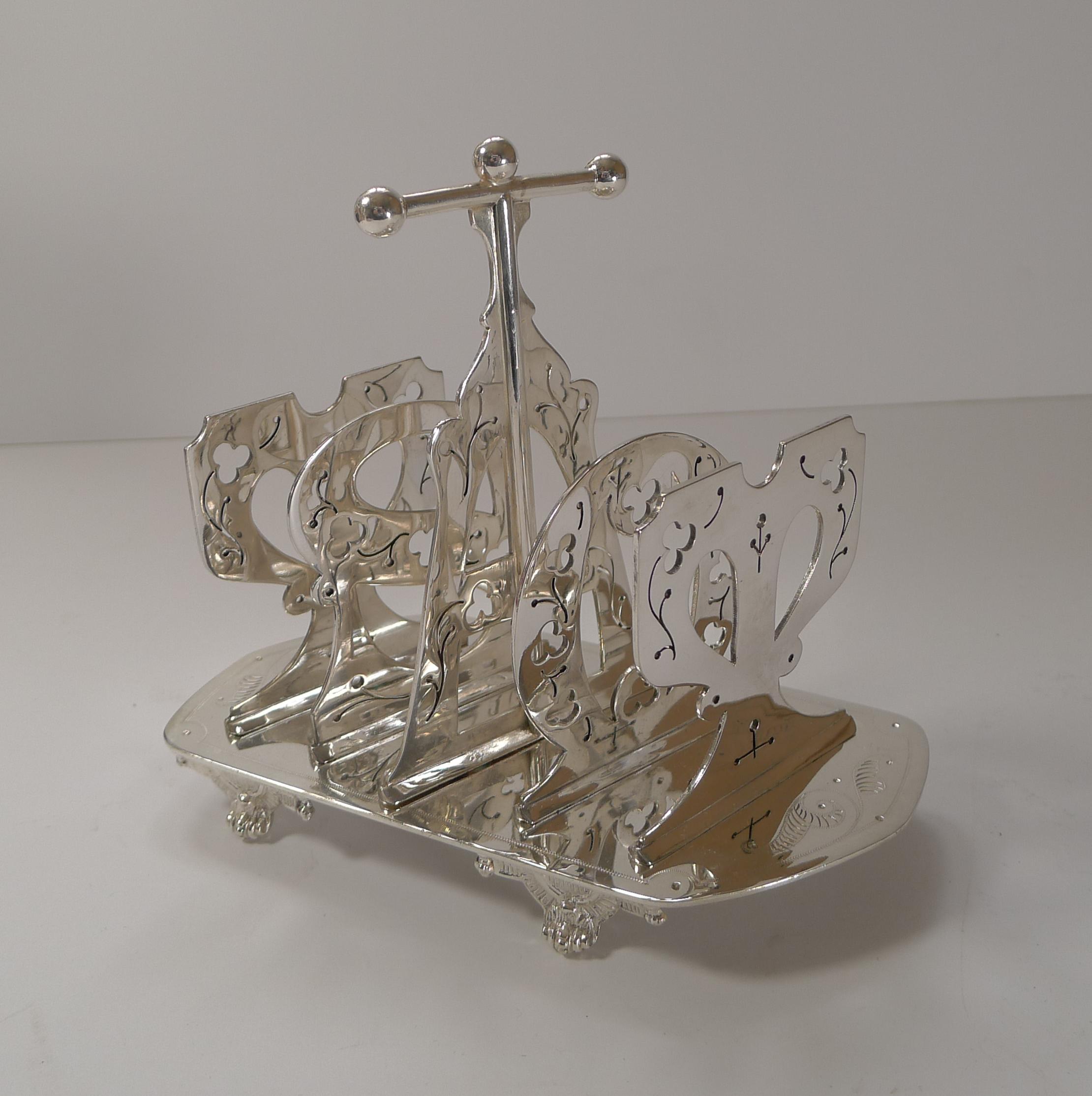 English Quality Victorian Silver Plated Toast Rack, Reg. 1880