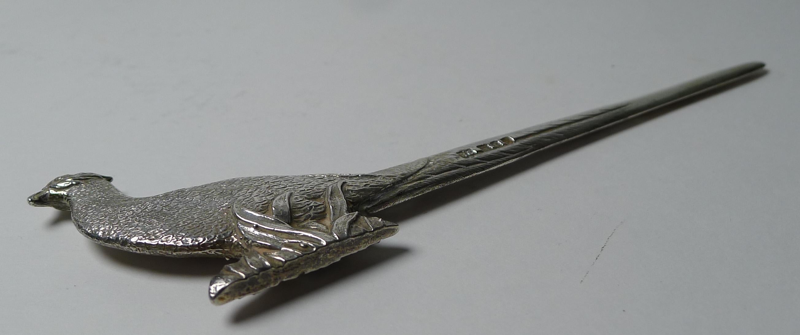 Quality Vintage Solid / Sterling Silver Letter Opener, Pheasant In Good Condition In Bath, GB