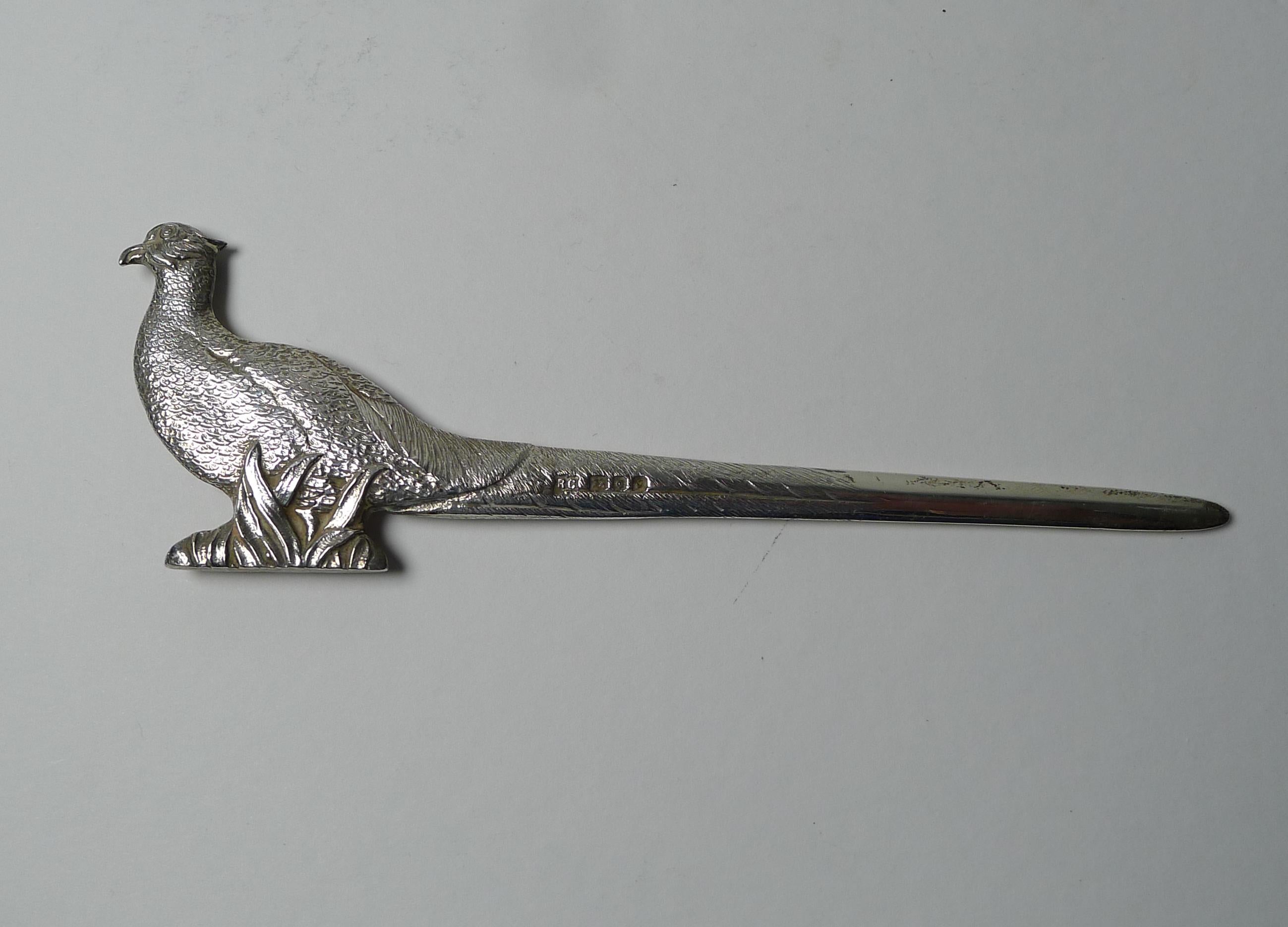 Mid-20th Century Quality Vintage Solid / Sterling Silver Letter Opener, Pheasant