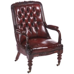 Quality William IV Carved Mahogany Leather Button Back Library Chair