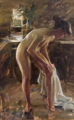 "La finestra del bagno" (2024) di Quang Ho, dipinto originale a olio con ritratto di nudo