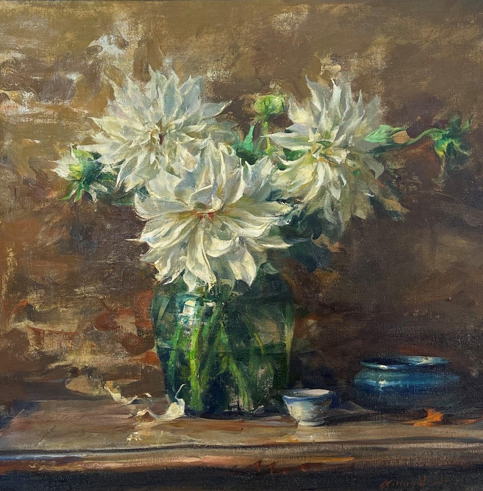 Still-Life Painting Quang Ho - "Dahlias dans l'assiette" (2025) Nature morte à l'huile originale