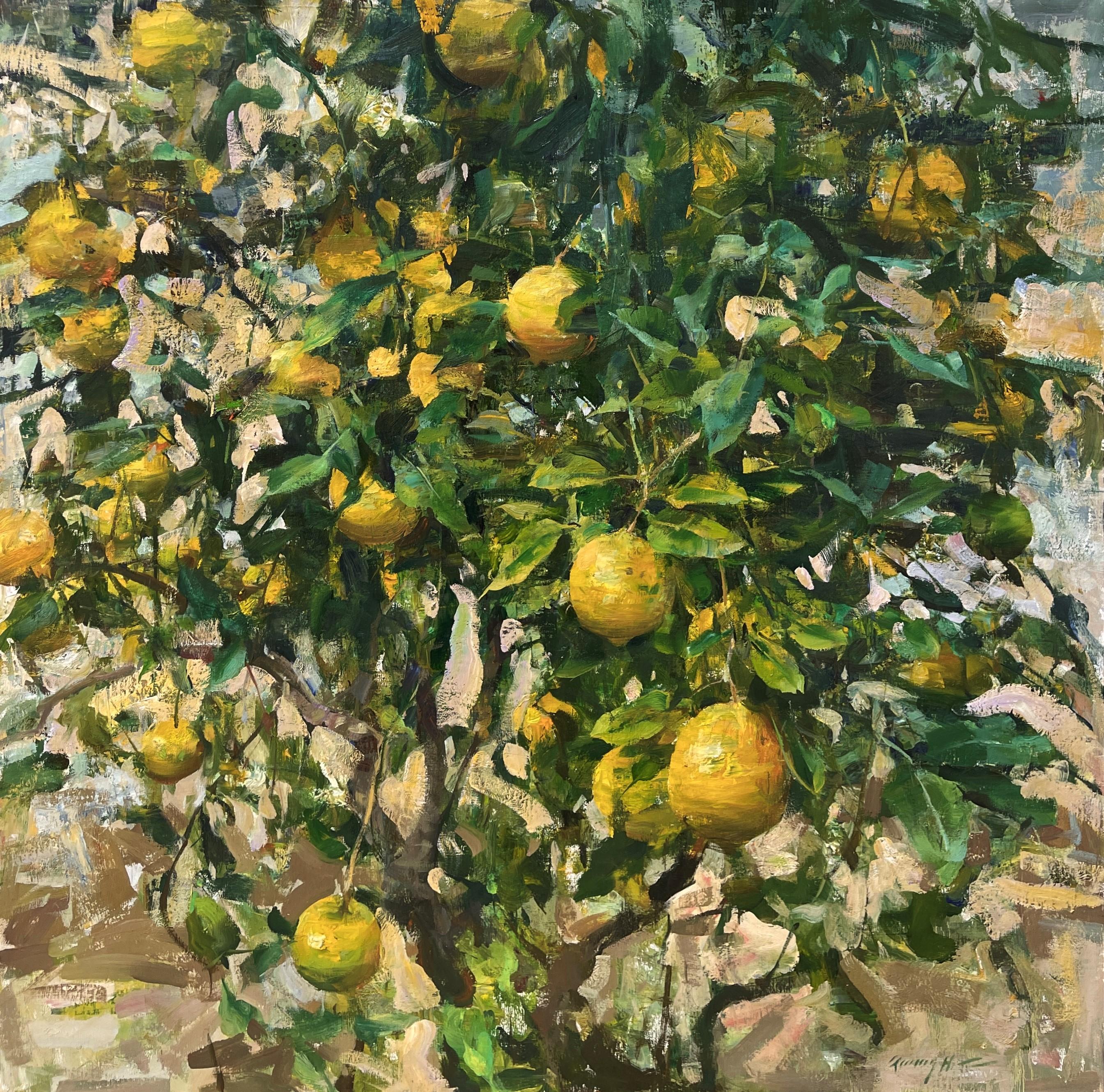 "Albero di limoni" (2025) di Quang Ho, pittura originale ad olio di natura morta