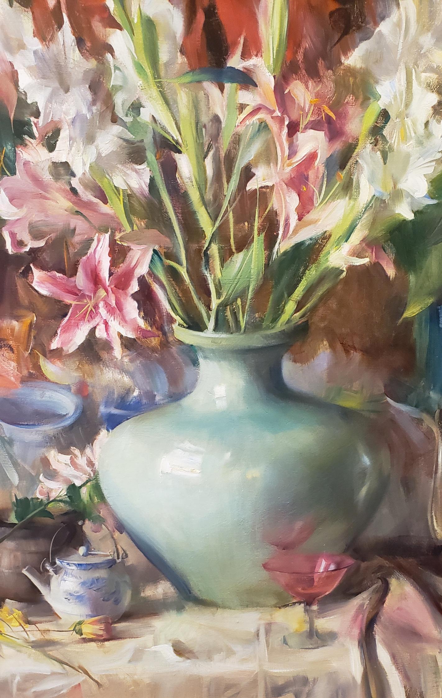  Lilies and Gladiolus , Oil Painting,  , Consignment by Houston Estate,   - Gray Still-Life Painting by Quang Ho