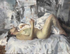 "Figura reclinada" (2024) de Quang Ho, pintura original al óleo de retrato desnudo