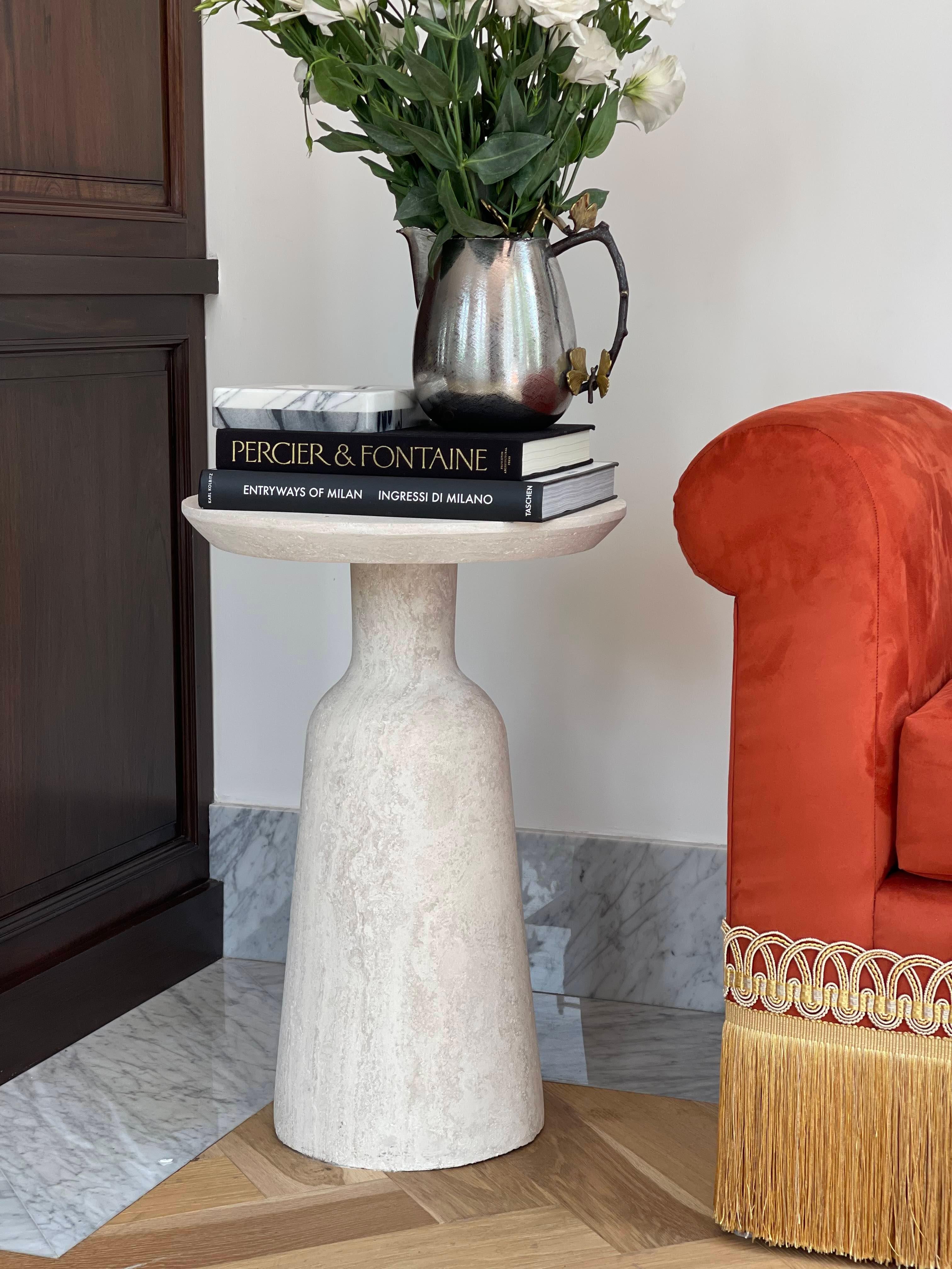 Scandinavian side table: Simple with elegant proportions. The base, as well as the cover, are carved in one a piece stone, these materials being being quarry or marble. 
Perfect for a modern or classic space.