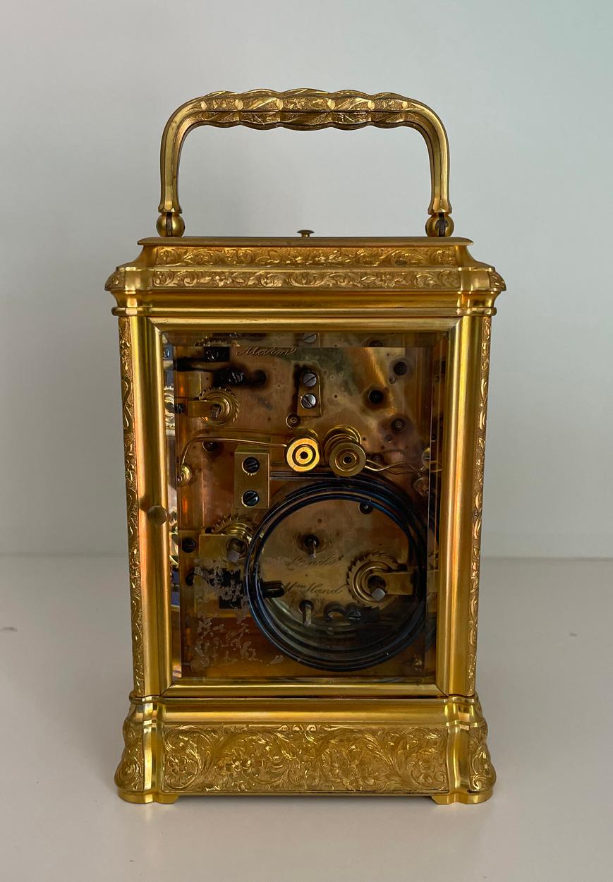 Engraved Quarter Chiming Petite Sonnerie Carriage Clock, Goldsmiths Alliance, London For Sale