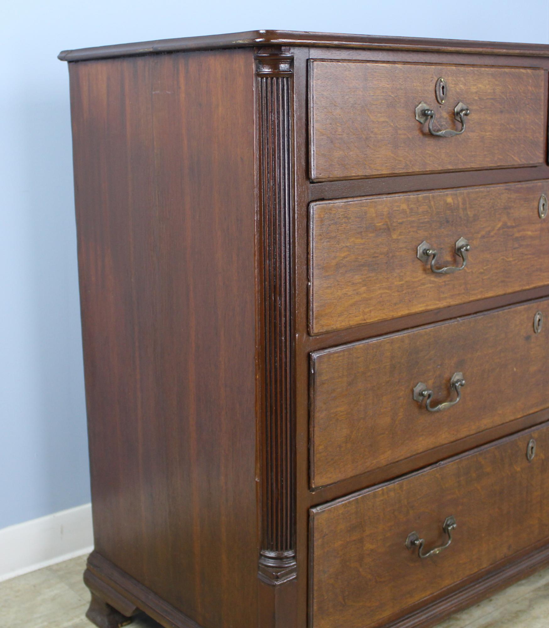 English Quarter Column Oak Chest of Drawers with Original Handles For Sale