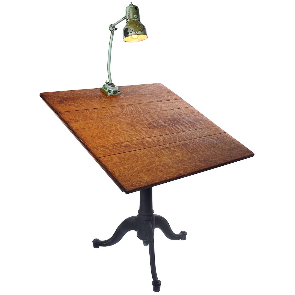 Quarter Sawn Oak and Cast Iron Drawing Table For Sale