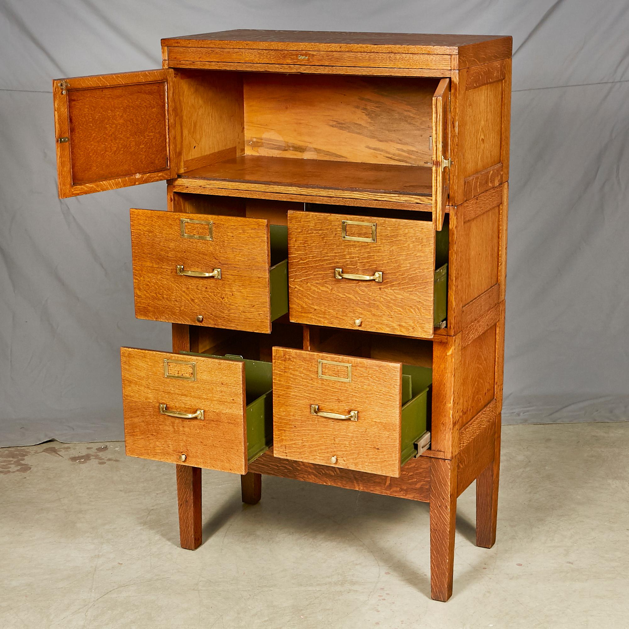 Industrial Quarter-Sawn Oak Globe File Cabinet