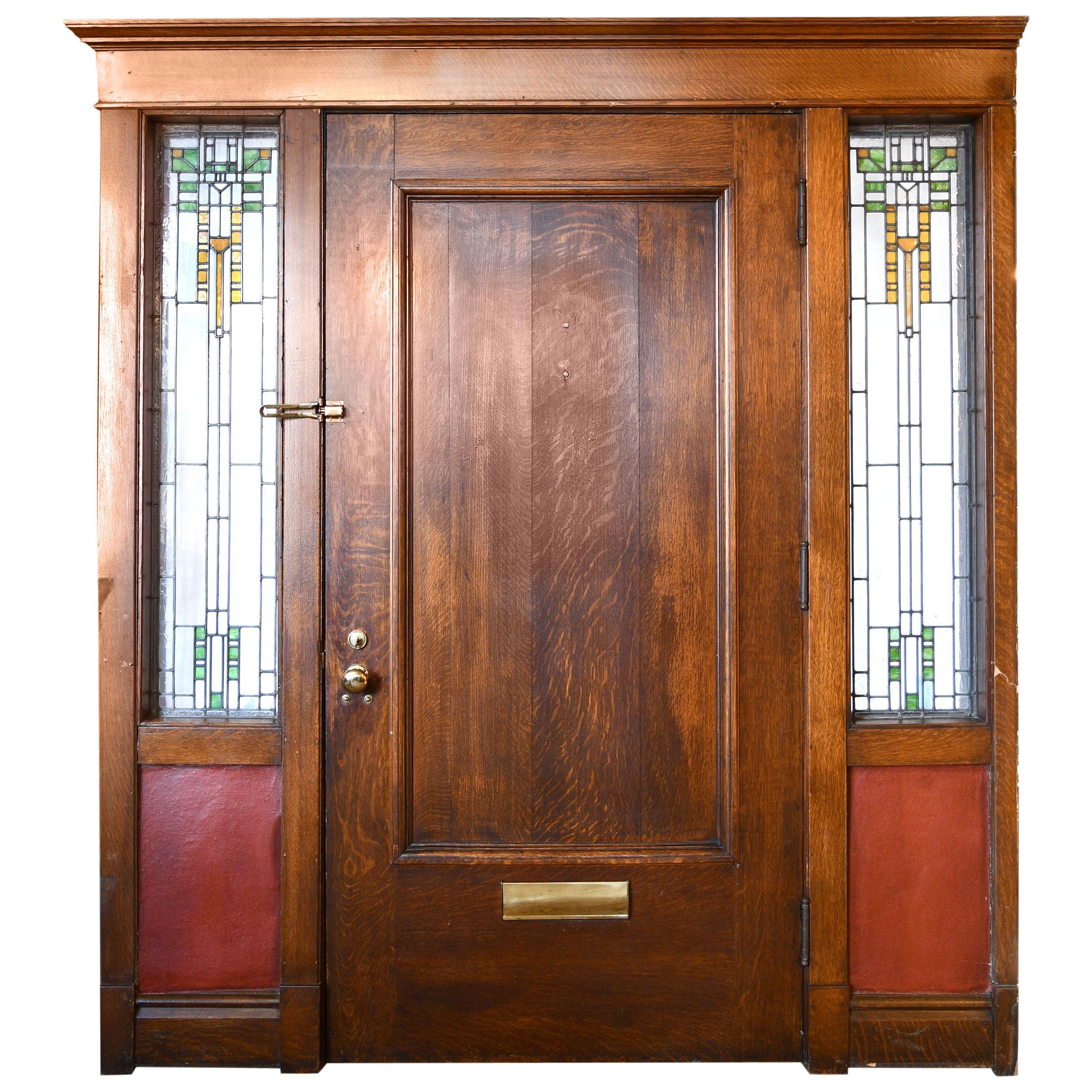 Quartersawn Oak Entry Door with Arts & Crafts Sidelite Windows