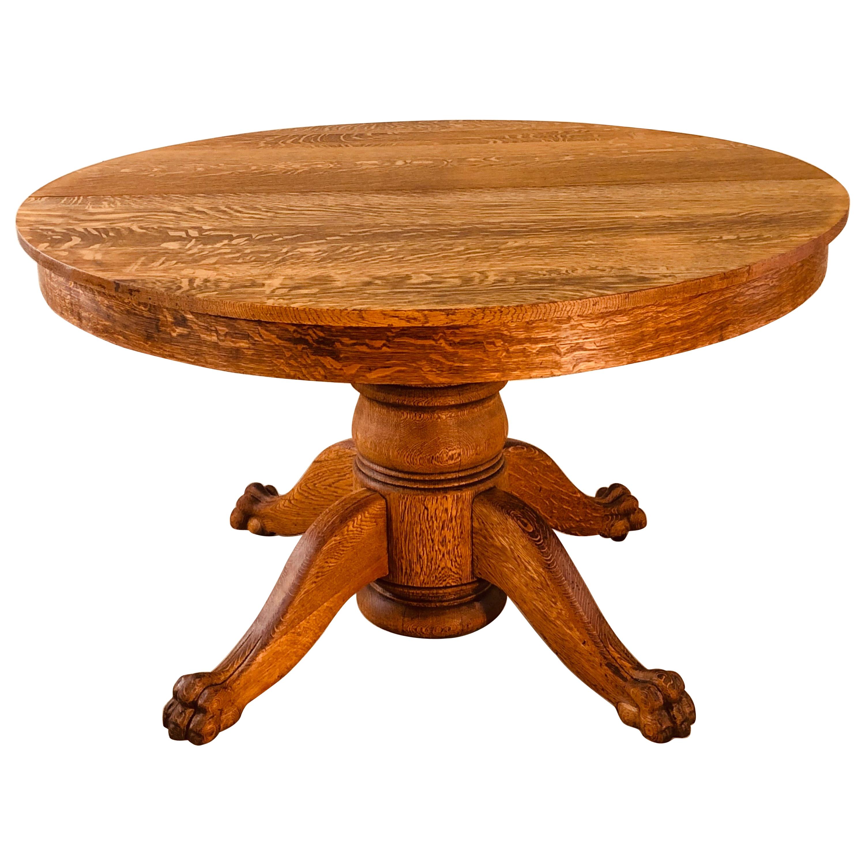 Quartersawn Oak Pedestal Claw Foot Table For Sale