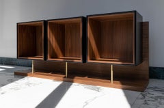 Quartet, Black Leather and Canaletto Walnut Sideboard, Used for Exhibition