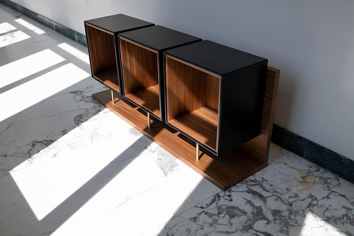 Modern Quartet, Leather and Canaletto Walnut Sideboard with Cubic Storage Modules For Sale