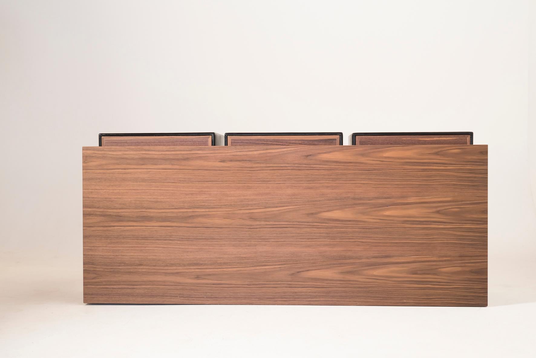 Italian Quartet, Leather and Canaletto Walnut Sideboard with Cubic Storage Modules For Sale