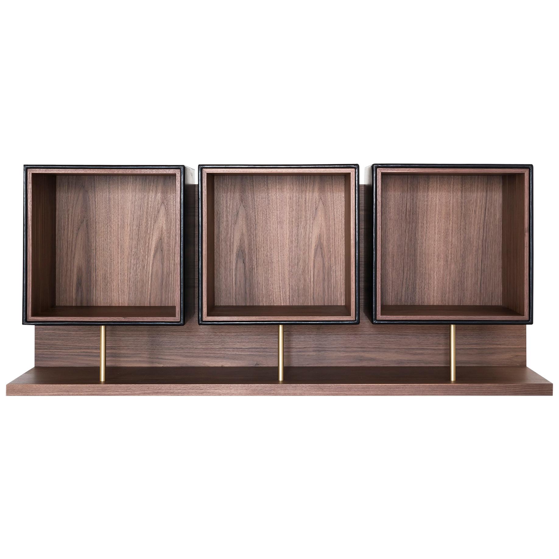 Quartet, Leather and Canaletto Walnut Sideboard with Cubic Storage Modules For Sale