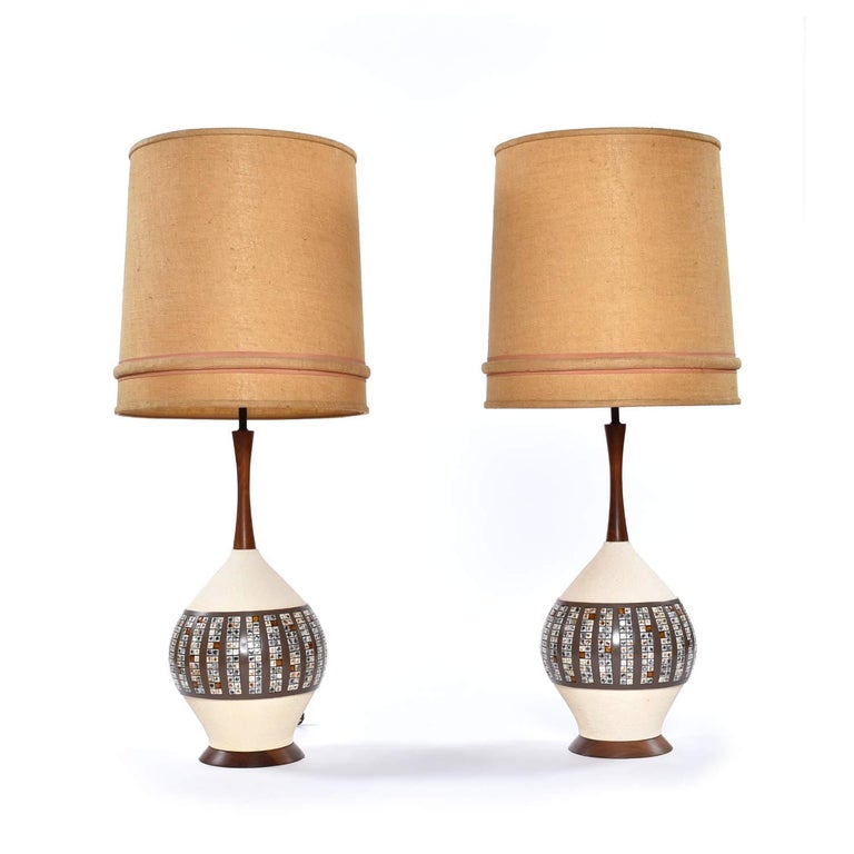 Quartite Lamp Corp Large MidCentury Modern Tile and Walnut Lamps For
