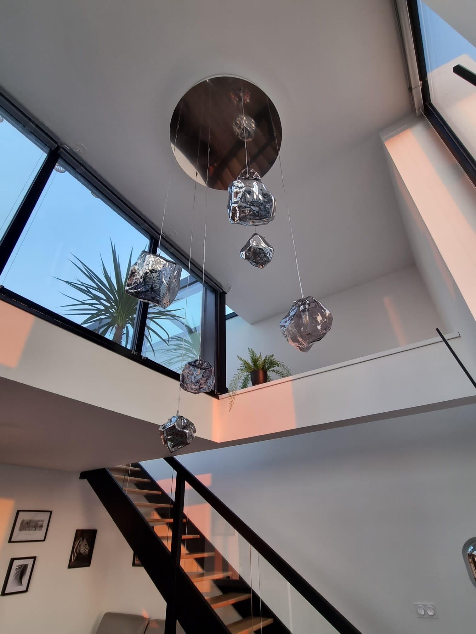 Acier Quartz 5 Lights Glass Pendant en vente