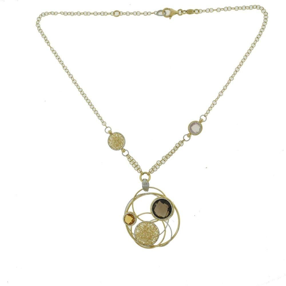 Quartz and Citrine Yellow Gold Overlapping Circles Italian Necklace In Good Condition For Sale In Miami, FL