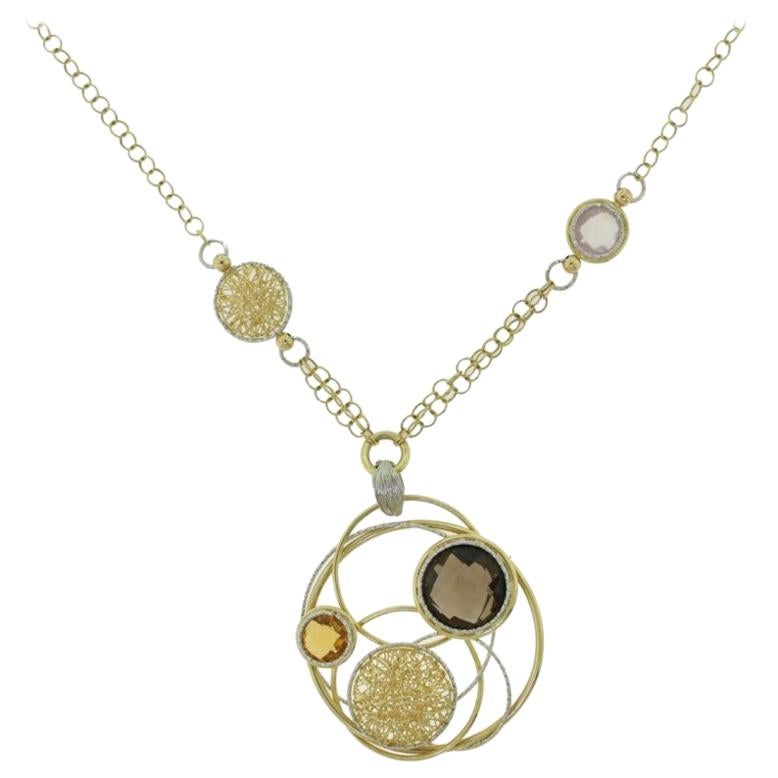Quartz and Citrine Yellow Gold Overlapping Circles Italian Necklace For Sale