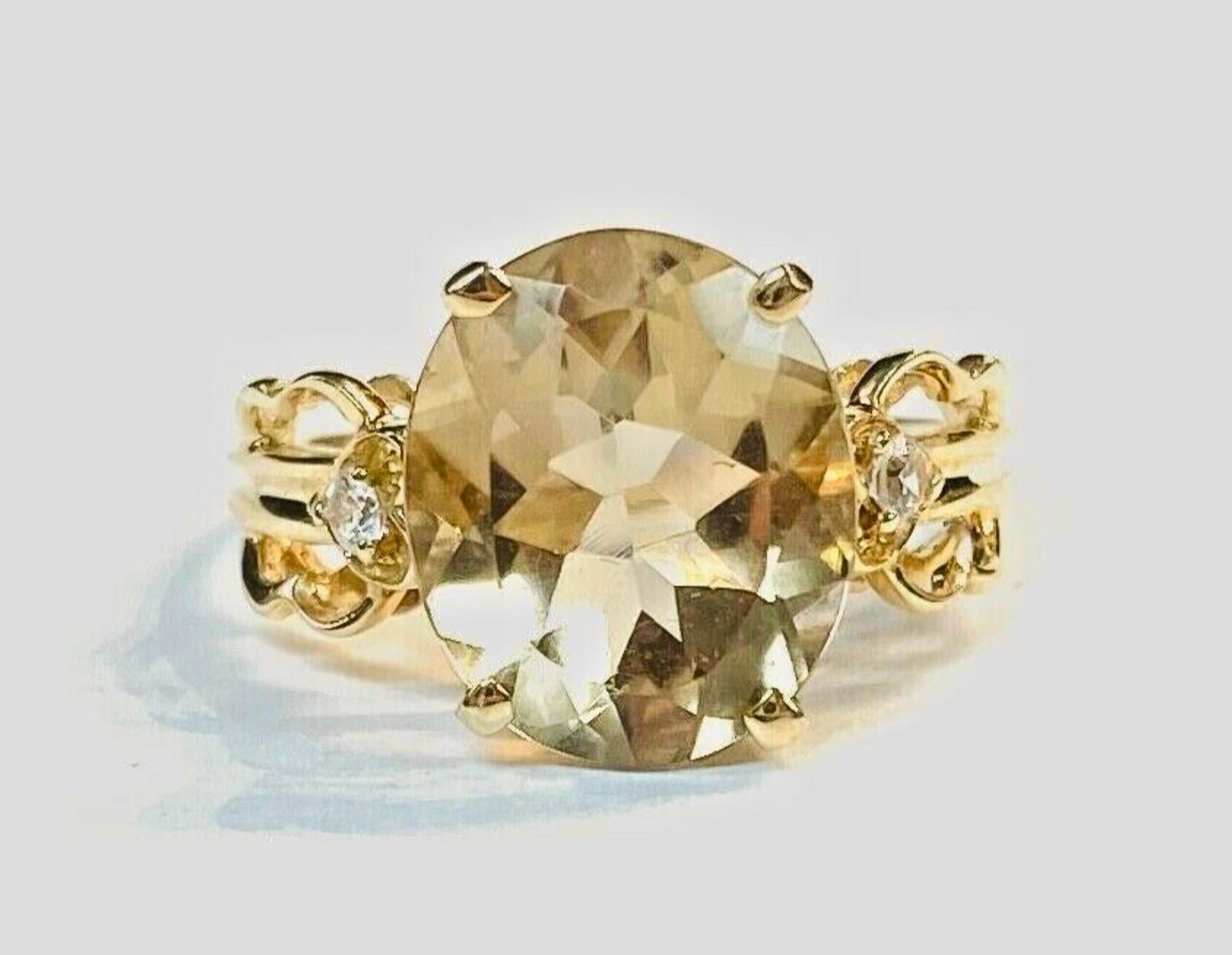 Oval Cut Quartz and Diamond 14K Yellow Gold Ring For Sale