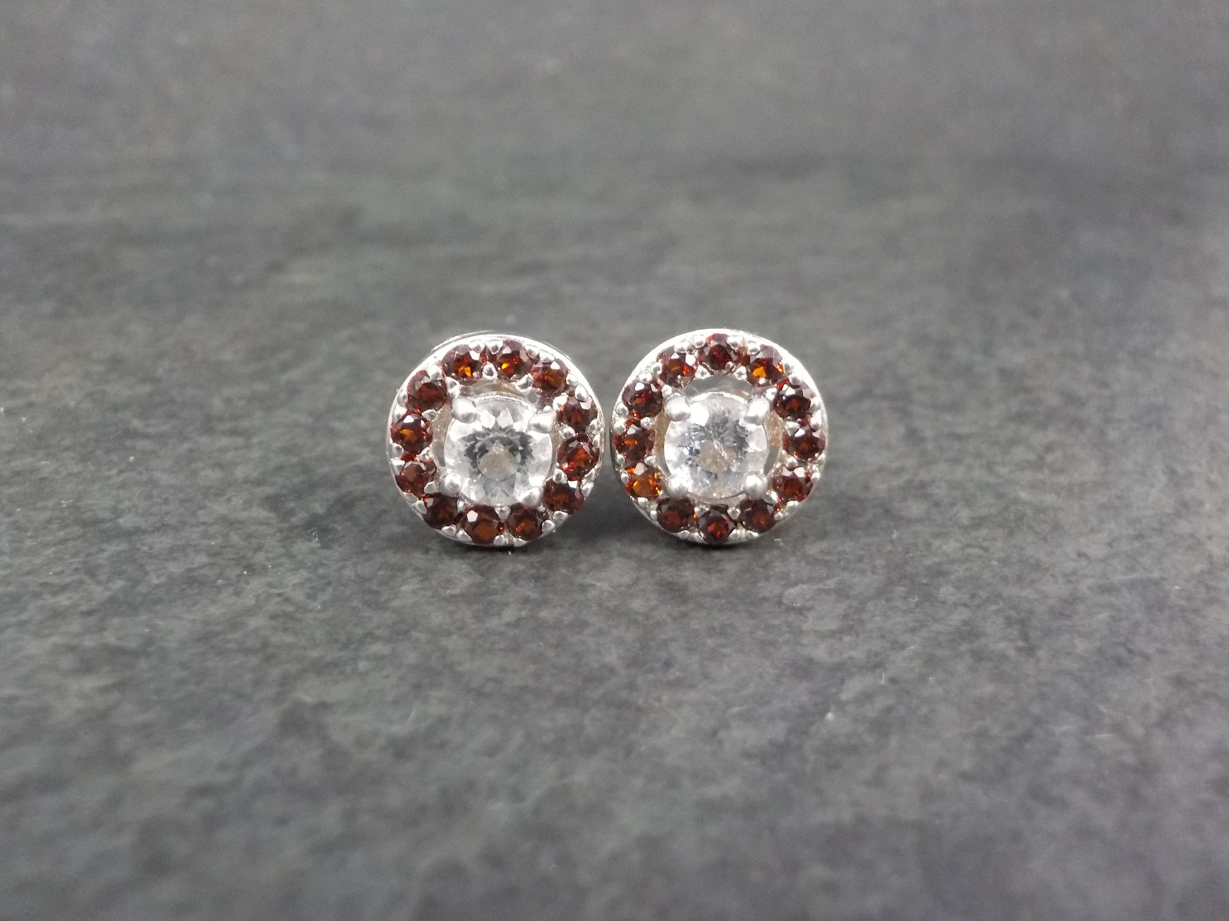 Modern Quartz and Garnet Halo Stud Earrings Sterling Silver For Sale