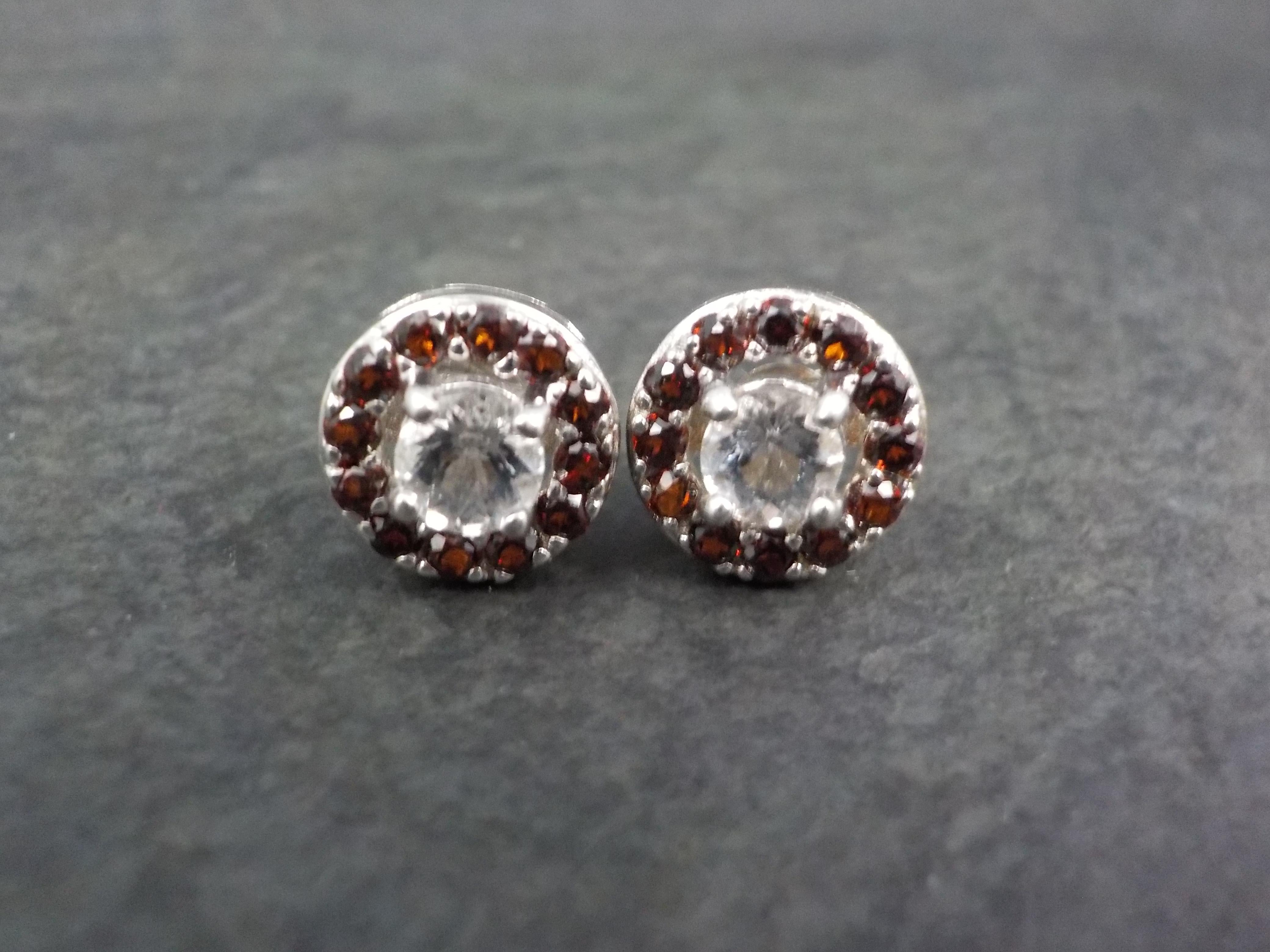 Round Cut Quartz and Garnet Halo Stud Earrings Sterling Silver For Sale