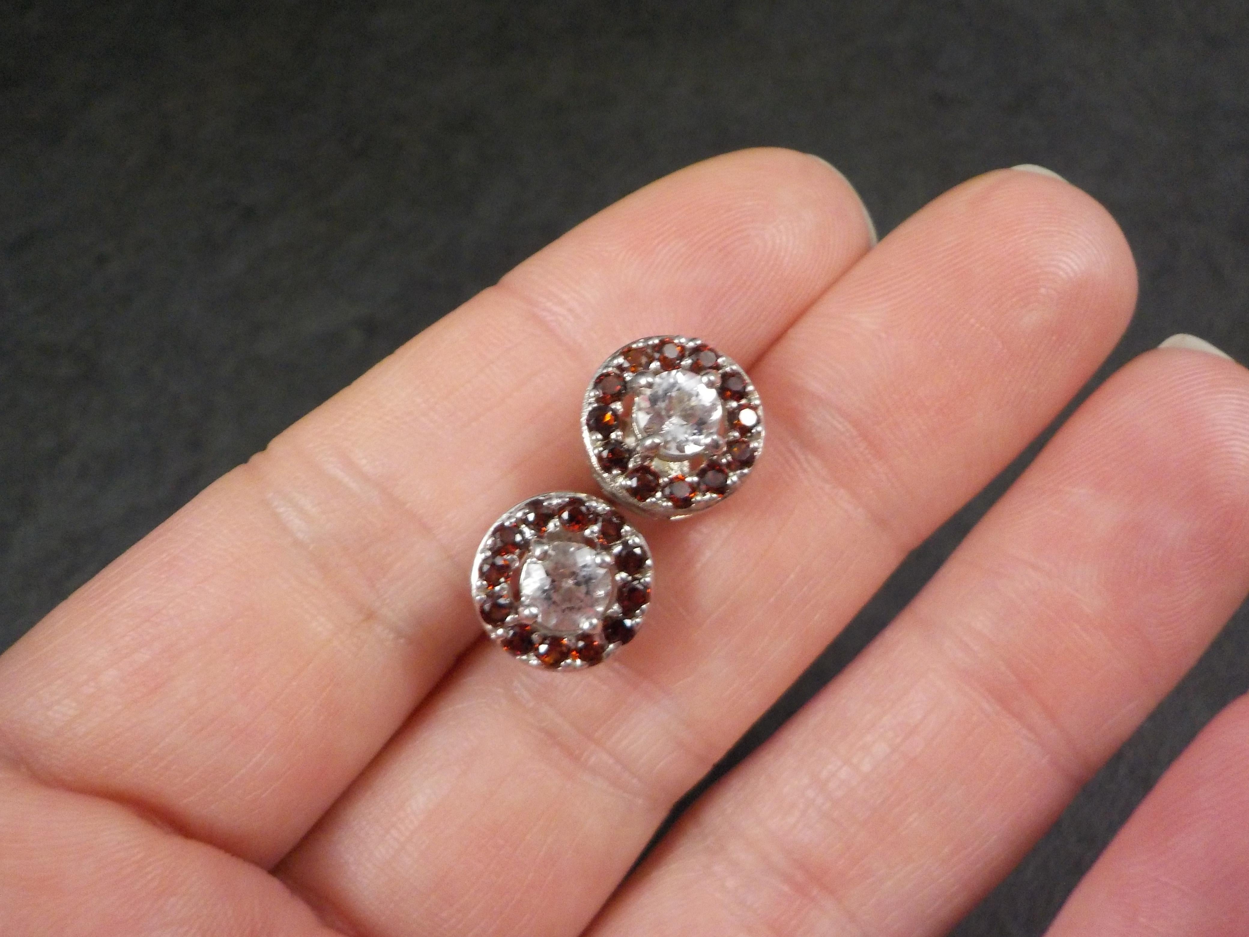 Quartz and Garnet Halo Stud Earrings Sterling Silver For Sale 1