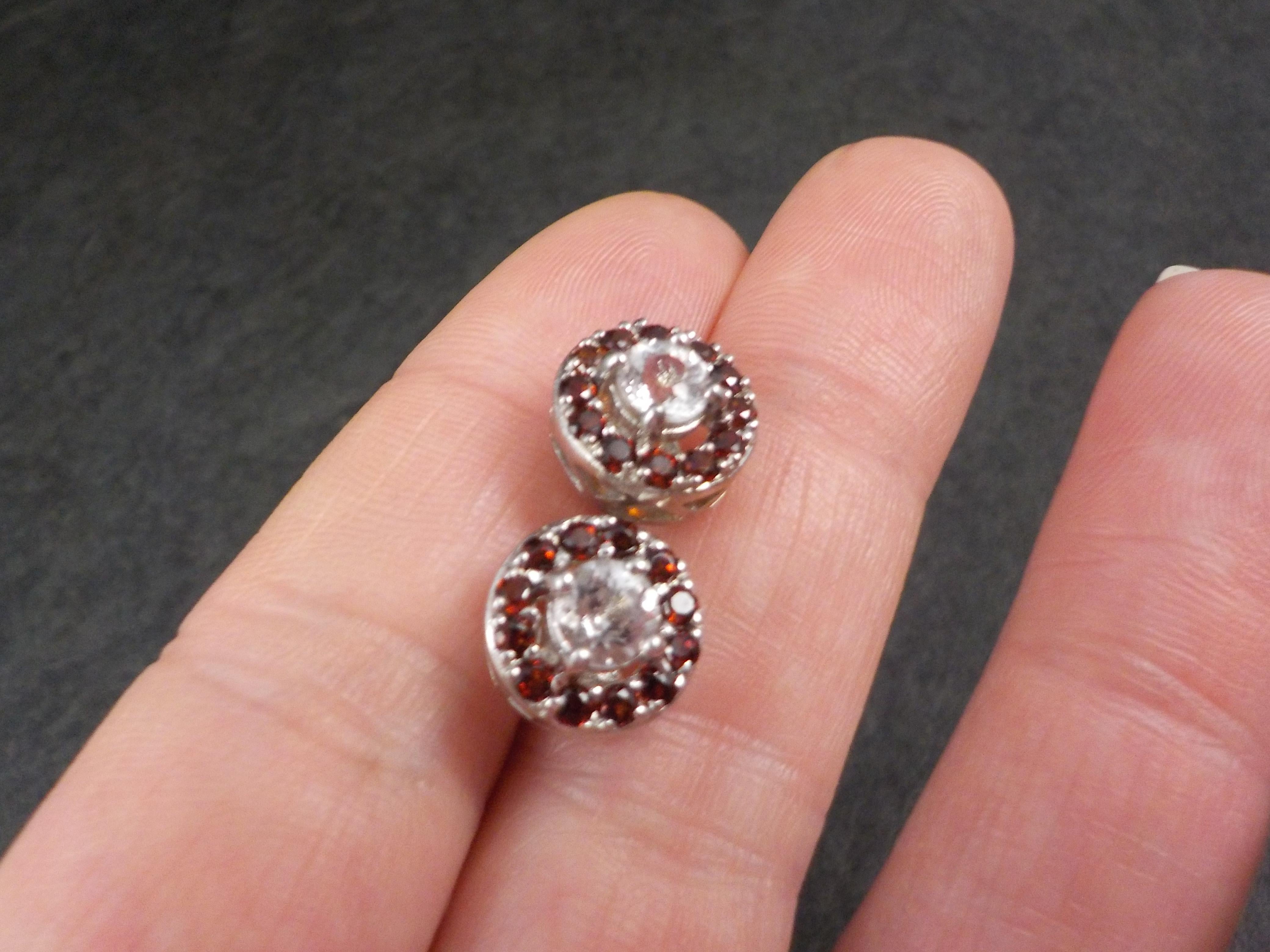 Quartz and Garnet Halo Stud Earrings Sterling Silver For Sale 2