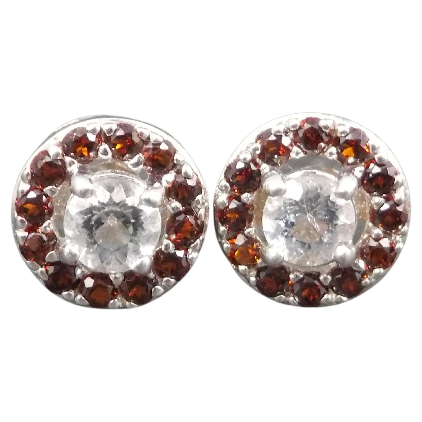 Quartz and Garnet Halo Stud Earrings Sterling Silver For Sale