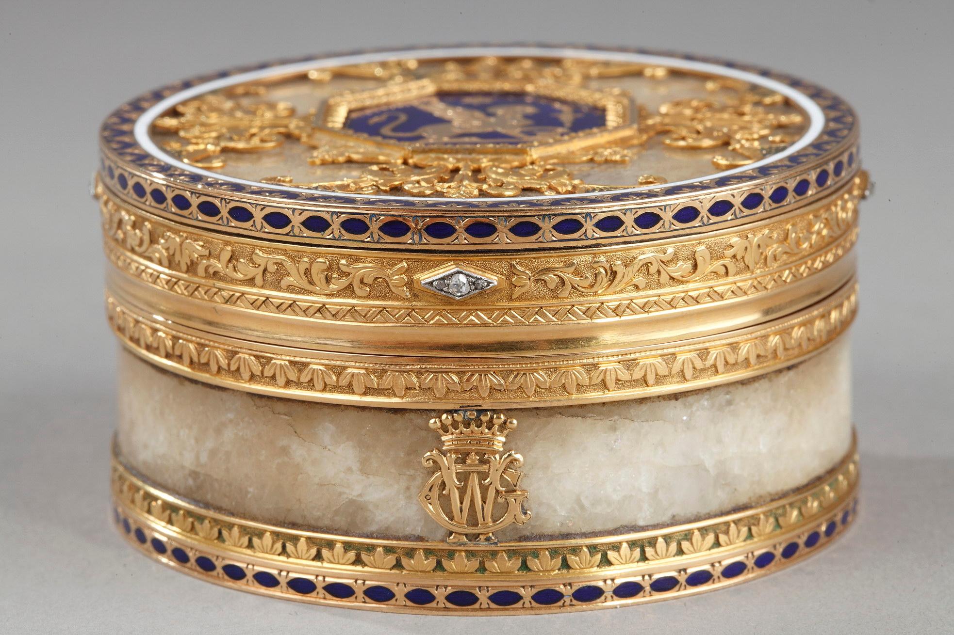 Quartz and Gold Snuff Box with Enamel and Diamond, Rozet and Fishmeinster In Good Condition In Paris, FR