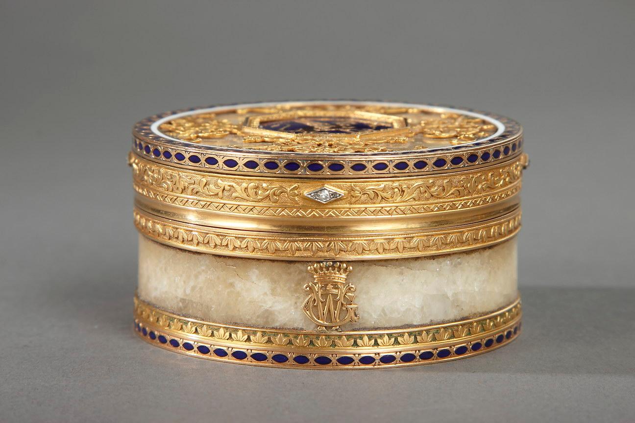 Women's or Men's Quartz and Gold Snuff Box with Enamel and Diamond, Rozet and Fishmeinster