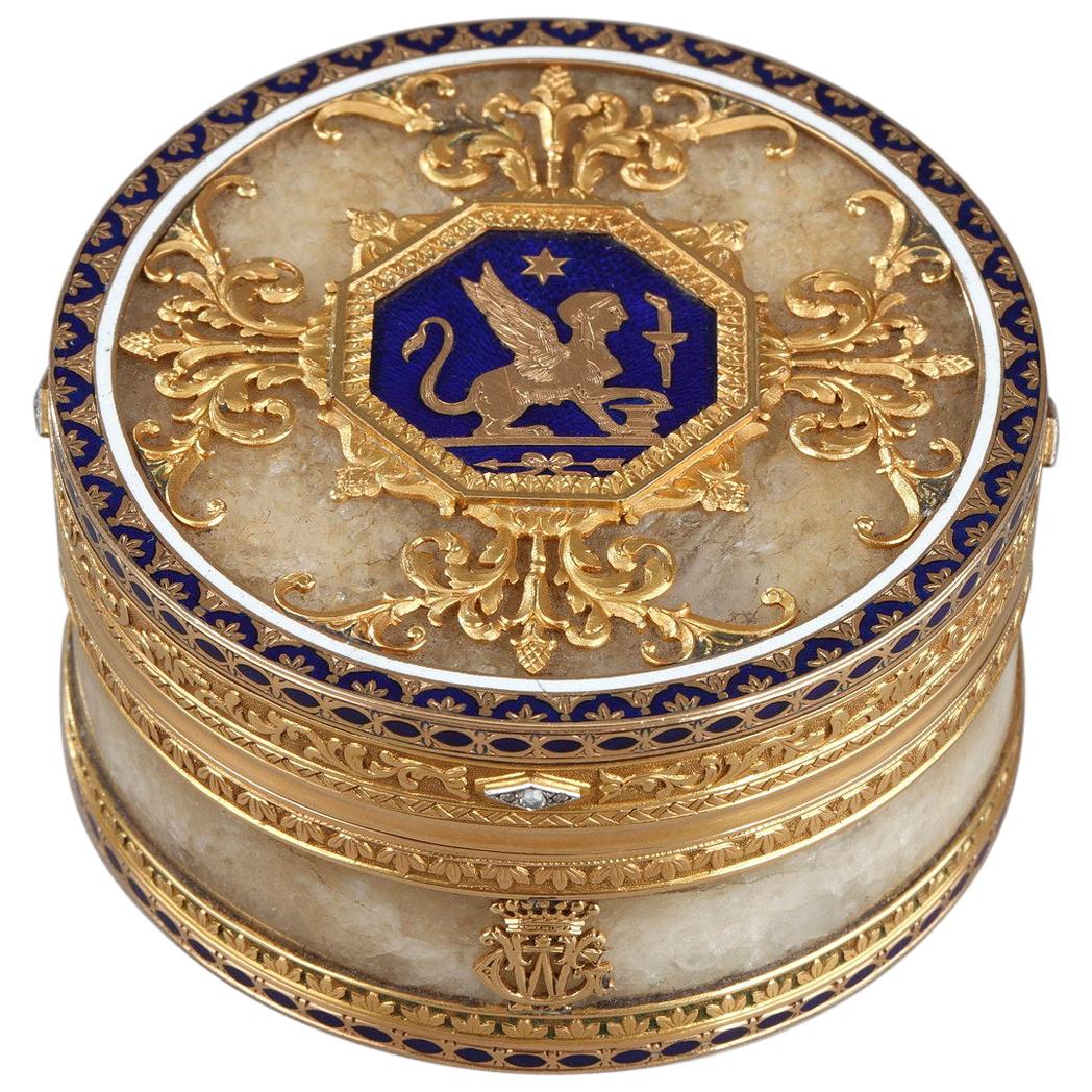 Quartz and Gold Snuff Box with Enamel and Diamond, Rozet and Fishmeinster