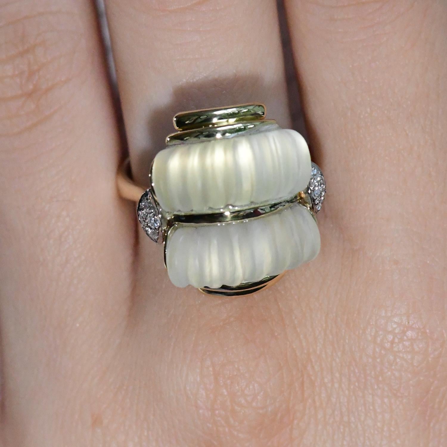 Vintage Carved Rock Quartz and .12 CTW Diamond Ring 14K Yellow Gold  In Excellent Condition In Daytona Beach, FL